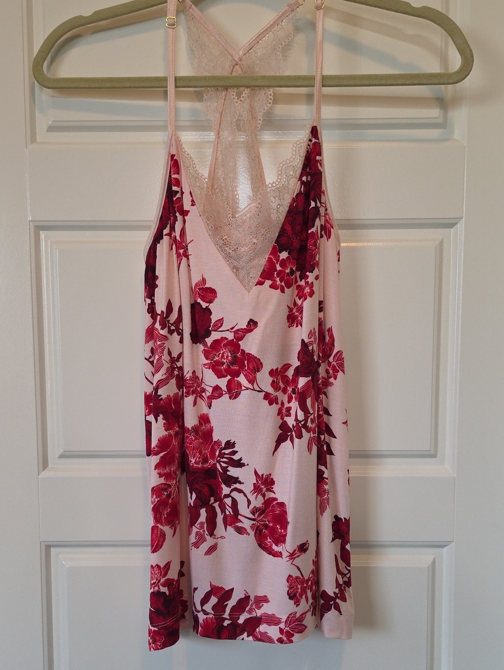 Soma Floral Racer-Back Cami - Pink with Red Rose Print and Lace Trim - Small